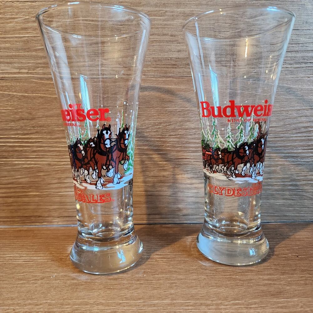 Set Of 2 Vintage 1989 Budweiser Clydesdales Team Tall Beer Glasses